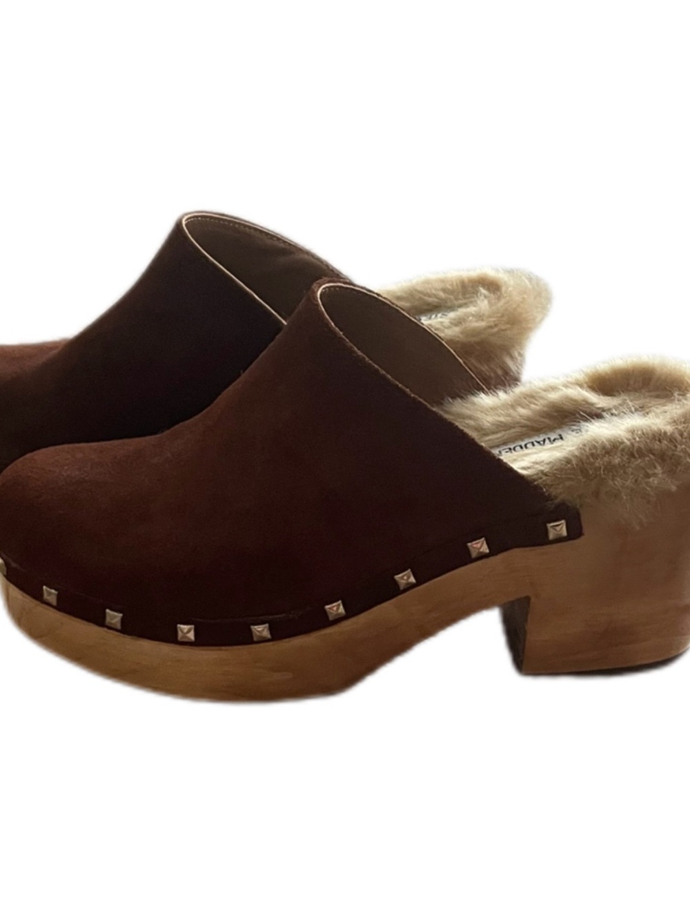 Steve Madden Brown Suede Faux-Fur Clog Mules - 7